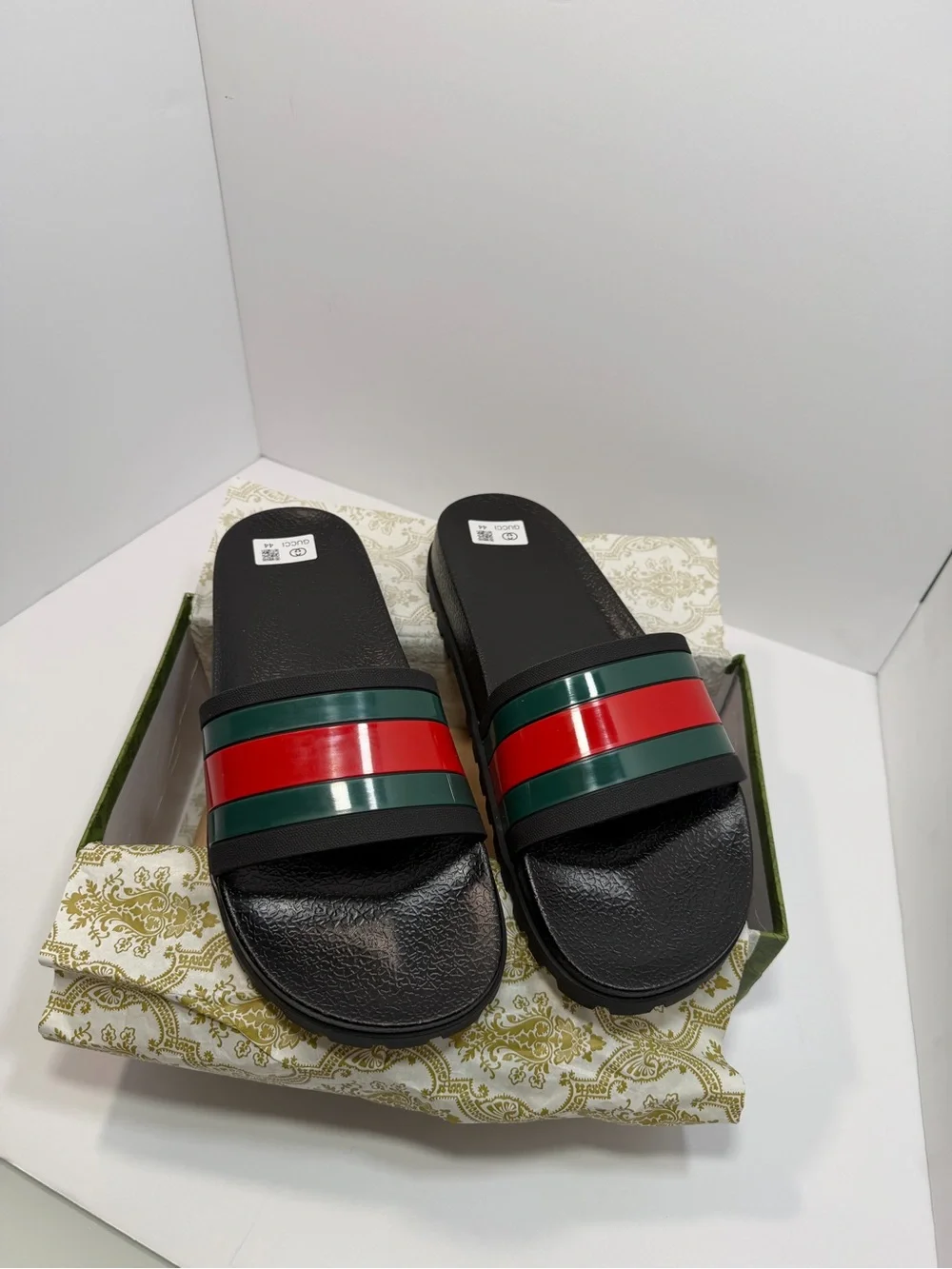 Gucci Black Slides with Red & Green Striped Band